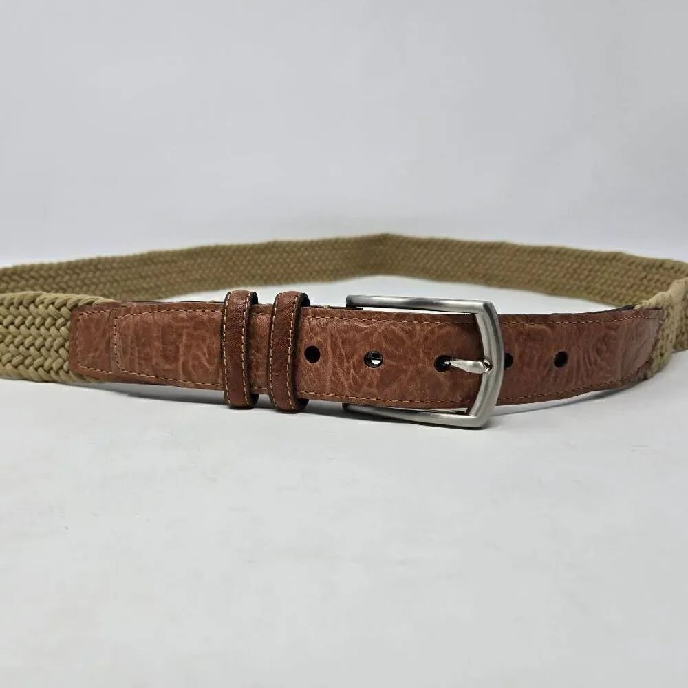 TORINO BROWN LEATHER TAN COTTON WOVEN SILVER BUCKLE MENS BELT SIZE 44 69508